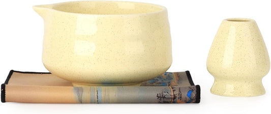 Japanese Ceramic Matcha Bowl - 16oz Speckle Glaze Chawan & Whisk Stand for Perfect Froth, Dishwasher Safe Yellow