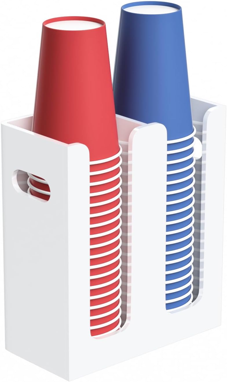 Disposable Coffee Cup Dispenser with Handles, Countertop or Wall Mount Hot/Cold Drink Cup and Lid Holder - Bathroom/Kitchen/Office Acrylic Cup Lid Storage Organizer (2 Compartments, White)