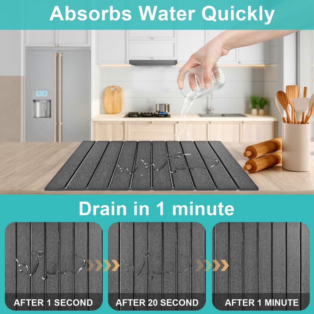 Large Diatomaceous Stone Drying Mat for Kitchen Counter, Quick Dry Collapsible Drying Mat , Absorbent Bath Mat for Kitchen Dishes Cups Bottles Bathroom Any Countertop, 24 In x 16 In, Dark Gray