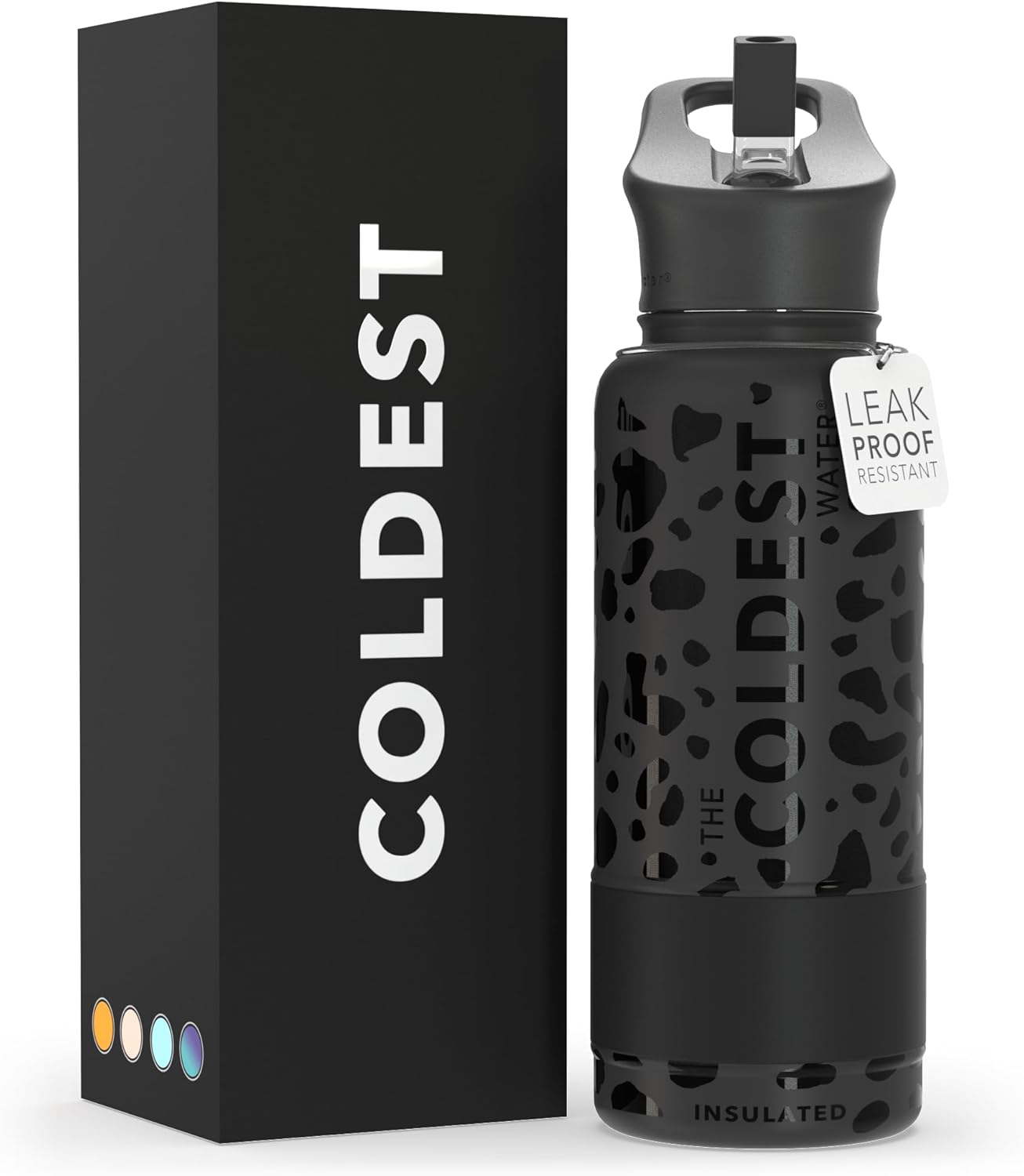 Coldest Insulated Water Bottle with Straw Lid - Stainless Steel Metal Insulated Bottle for Men & Women (Black Leopard, 32 oz)