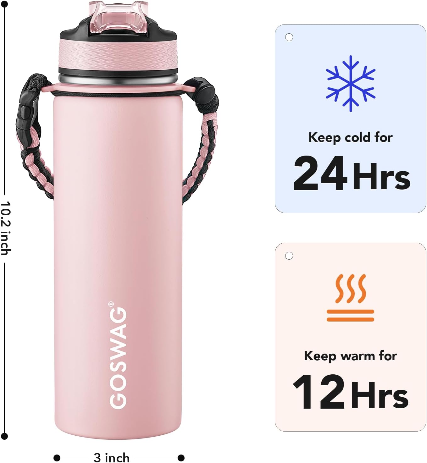 GOSWAG Insulated Sports Water Bottle, 24oz 2 Lids(with Straw/No Straw), Stainless Steel Water Bottles with Paracord Handle, Insulated Bottle with Double-Wall Vacuum Insulation