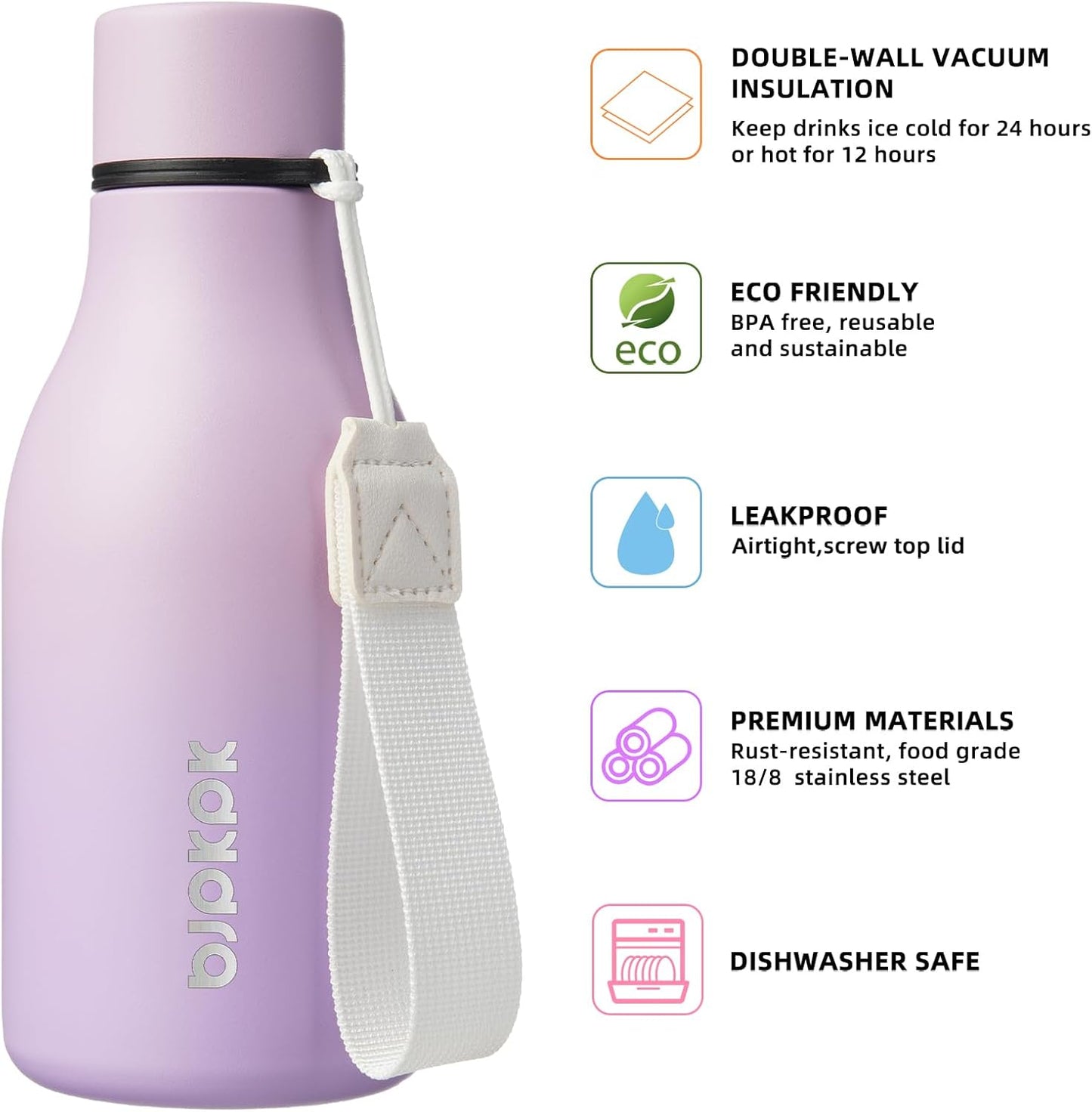 BJPKPK Insulated Water Bottles, 12oz Stainless Steel Metal Water Bottle with Strap, BPA Free Leak Proof Thermos, Mugs, Flasks, Reusable Water Bottle for Sports & Travel, Dreamy Purple