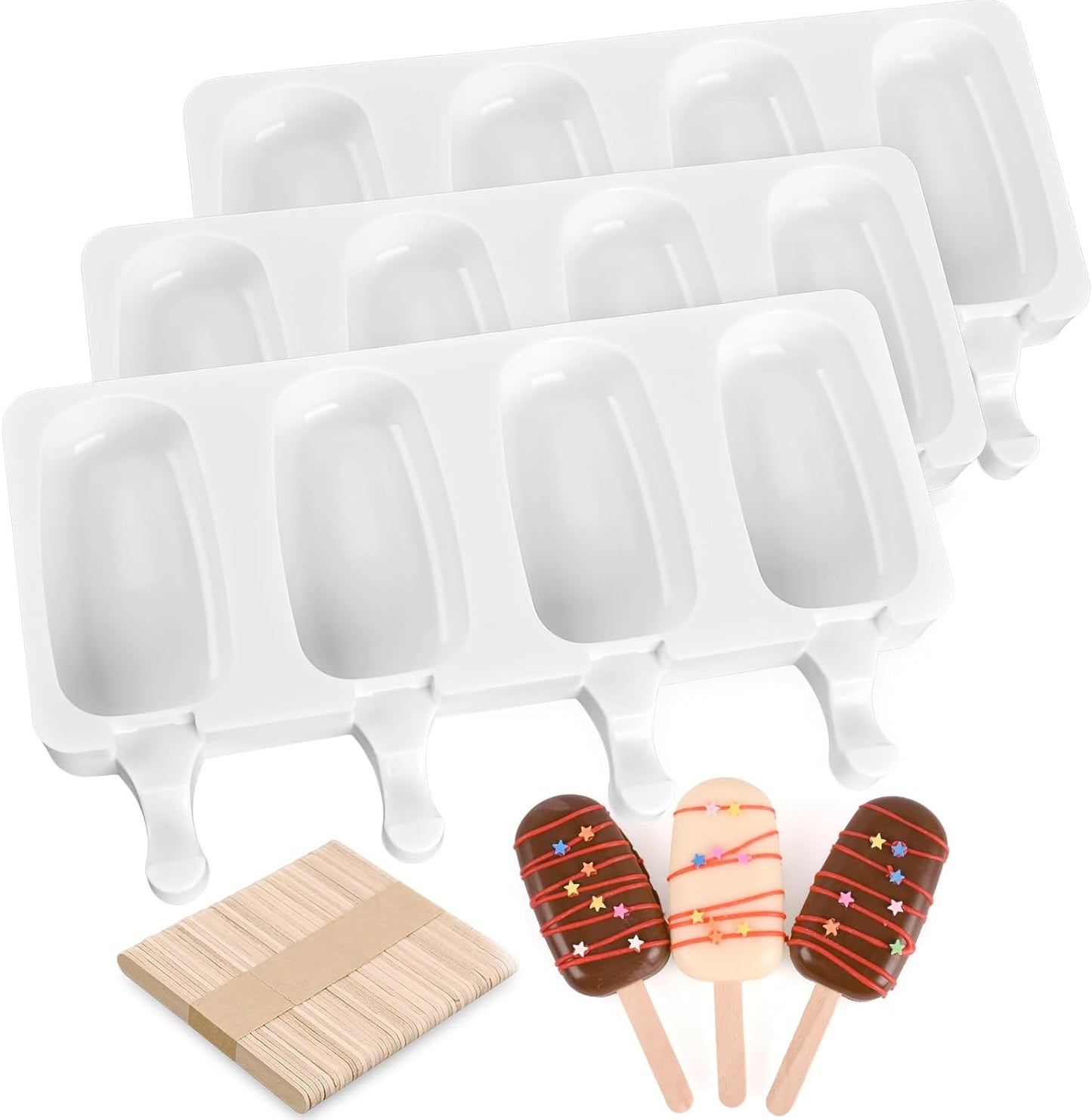 Sakolla 3 Pack Large Popsicle Molds 4 Cavities Cake Pop Silicone Molds Oval Ice Cream Cakesicle Molds for Homemade Ice Pop with 100 Wooden Sticks