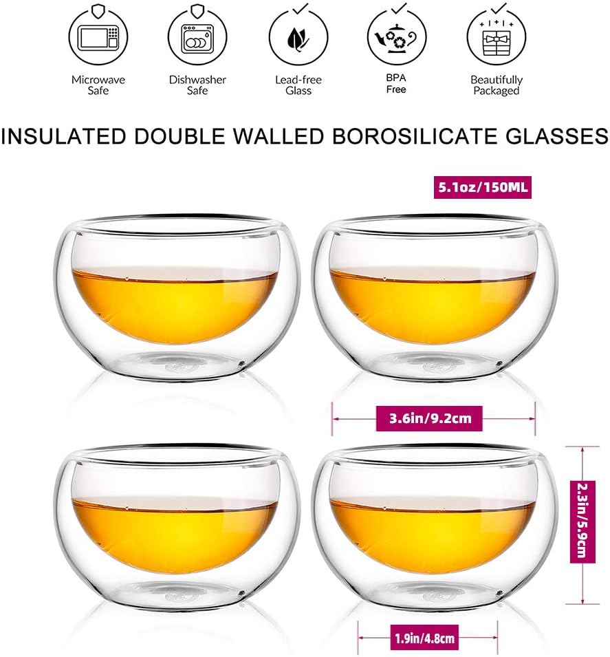 CNGLASS Glass Teapot Set,20oz Clear Tea Pot with 4 Double Wall Teacups,Stovetop Safe Tea Kettle,Blooming Loose Leaf Tea Maker Gift,Microwave Dishwasher Safe
