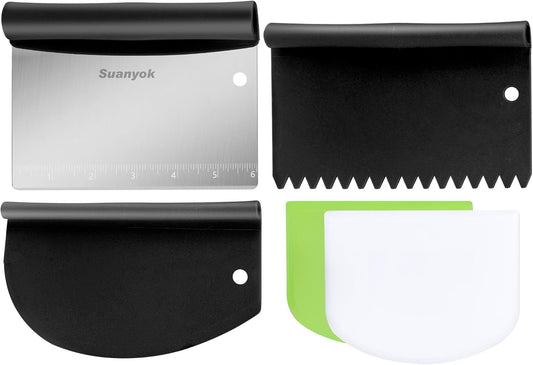 Bench Scraper Food Vegetable Chopper,Stainless Steel Pizza Dough Scraper-Flexible Plastic Bowl/Cake Scraper 5-Piece Set,Bread/Pastry/Pizza/Flour/Cheese Cutter (Black)