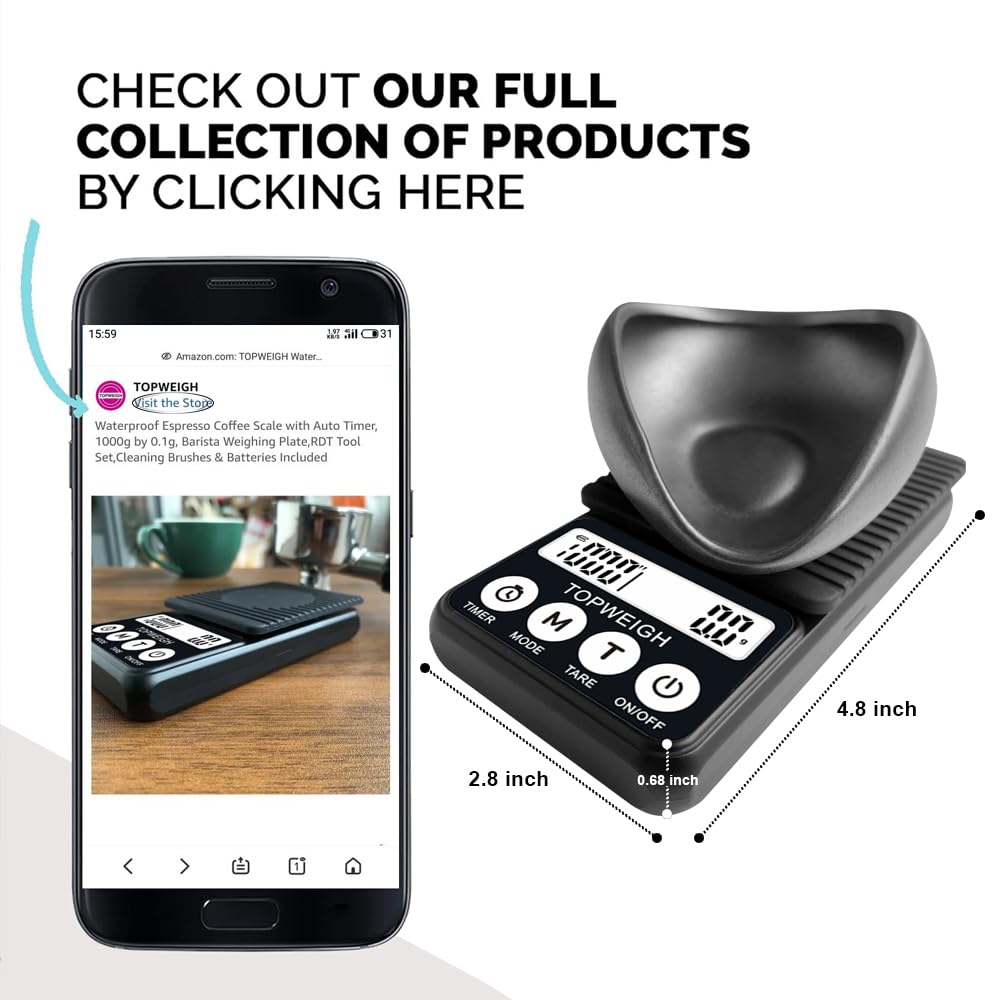 Waterproof Espresso Coffee Scale with Timer, 1000g by 0.1g, Barista Weighing Plate, RDT Tool Set, Cleaning Brushes & Batteries Included