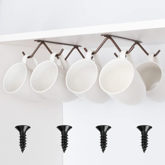 Cabinet Hook Mug Holder - Hanging Coffee Cup Rack for Kitchen, Under Cabinets Metal Hangers Organizer Shelf Storage Utensil (Brown)