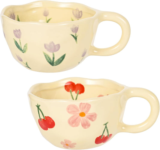 Ceramic Coffee Mug Vintage Flower Mugs 8 oz Cute Floral Coffee Mugs Irregular Latte Art Cup Lead-free Porcelain Cups for Cappuccino, Cocoa (Pink Cherry, Purple Tulips)