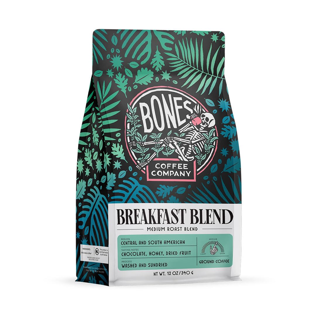 Bones Coffee Company Breakfast Blend, Chocolate, Honey and Dried Fruit Notes, Unflavored Coffee, Medium Roast Low Acid Arabica Beans Compatible with Auto drip and French Press Coffee Maker, 12 Oz Whole Bean