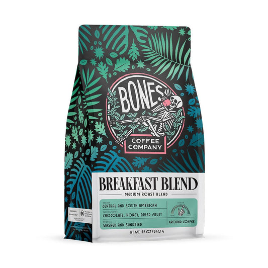 Bones Coffee Company Breakfast Blend, Chocolate, Honey and Dried Fruit Notes, Unflavored Coffee, Medium Roast Low Acid Arabica Beans Compatible with Auto drip and French Press Coffee Maker, 12 Oz Whole Bean