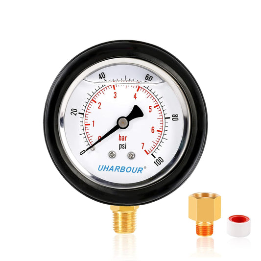 Water Pressure Gauge 2-1/2" Dial Liquid Filled 0-200PSI, Rubber Protective Case, 1/4" Brass Lower Mount, Including 1/4" to 1/8" Thread Adapter and Teflon Tape