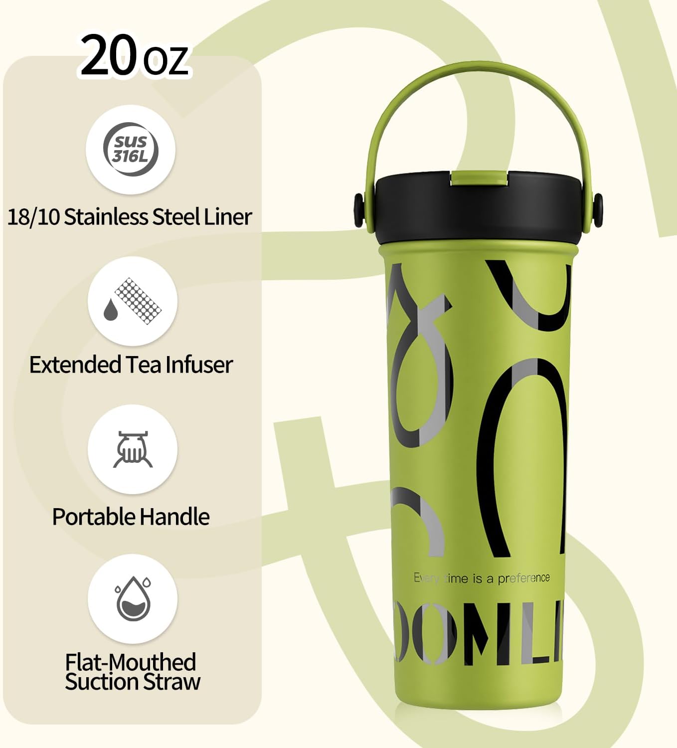 GOOM 20 oz Spill Proof Tumbler with Lid and Straw, Top Handle, Extended Tea Infuser, 6-Layer Insulation 18/10 Stainless Steel, Christmas Gifts for Mom Women Man Her, Teacher Gifts - Green