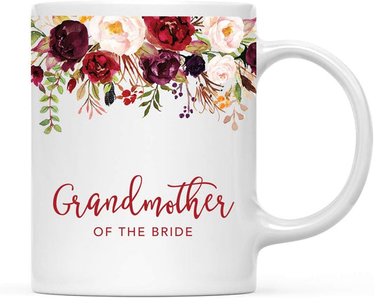 Andaz Press 11oz. Wedding Ceramic Coffee Tea Mug Gift, Fall Autumn Marsala Burgundy Flowers Roses Florals, Grandmother of the Bride, 1-Pack, Includes Gift Box