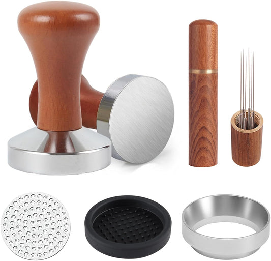 53mm Espresso Accessories Kit,Wdt Tool Espresso,Solid Espresso Tamper,Coffee Puck Screen and Dosing Funnel,Silicone Tamper Mat,0.4mm Stainless Steel 6pin Espresso Stirrer,Barista Tools Espresso Kit