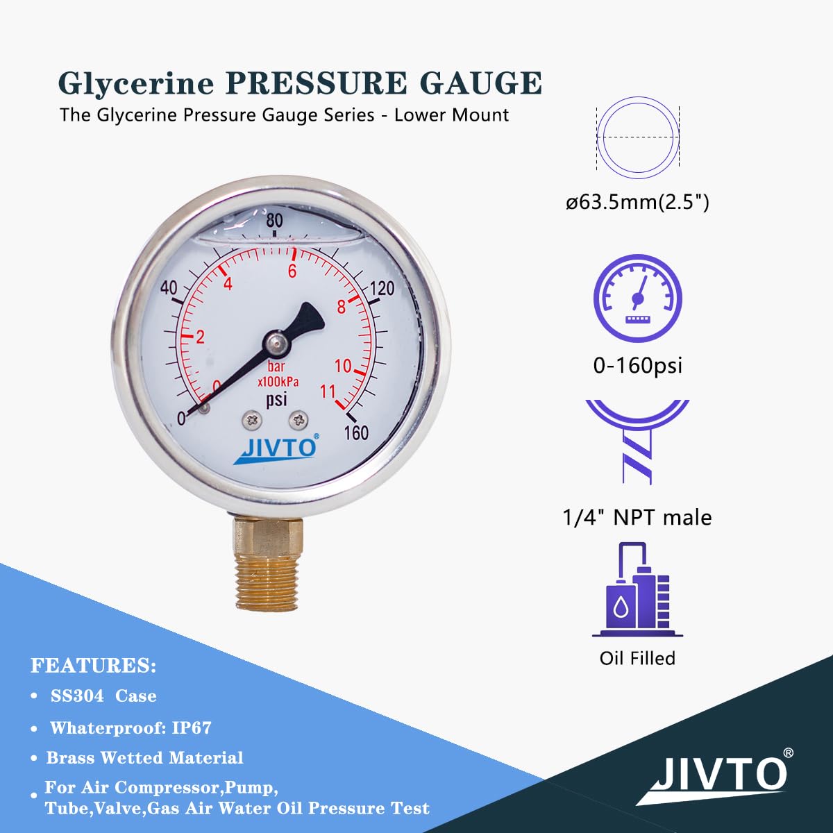 Pressure Gauge,Glycerin Liquid Filled,2-1/2" Dual Scale Dia,0-160 psi/bar/kpa,1/4" NPT Male Brass Connection,Lower Mount, Stainless Steel Case,for Pneumatic,Pump,Hose,Well Tank,Gas Air Water Oil