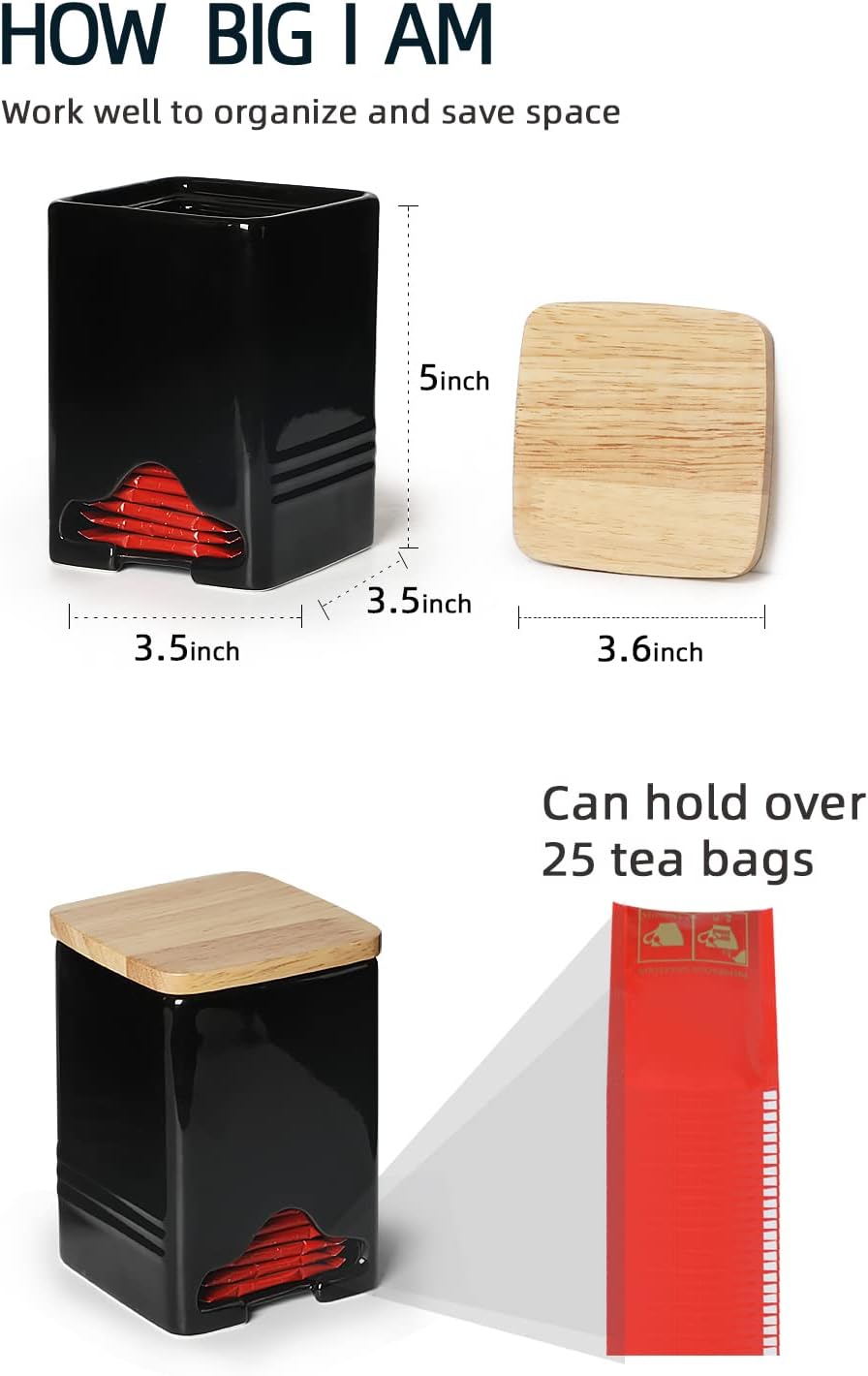 Ceramic Tea Bag Storage Organizer Caddy Holder with Lid (Black)