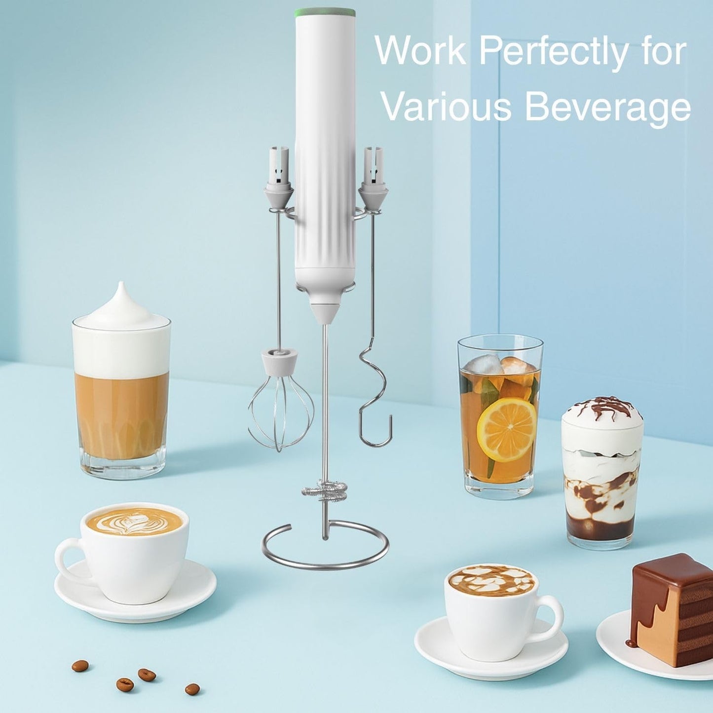 Milk Frother Handheld with 3 Stainless Steel Whisks, Rechargeable Electric Drink Mixer with Stand & Travel Case, Milk Foamer for Coffee, Latte, Cappuccino, Hot Chocolate, Egg,Jam Supplement-White