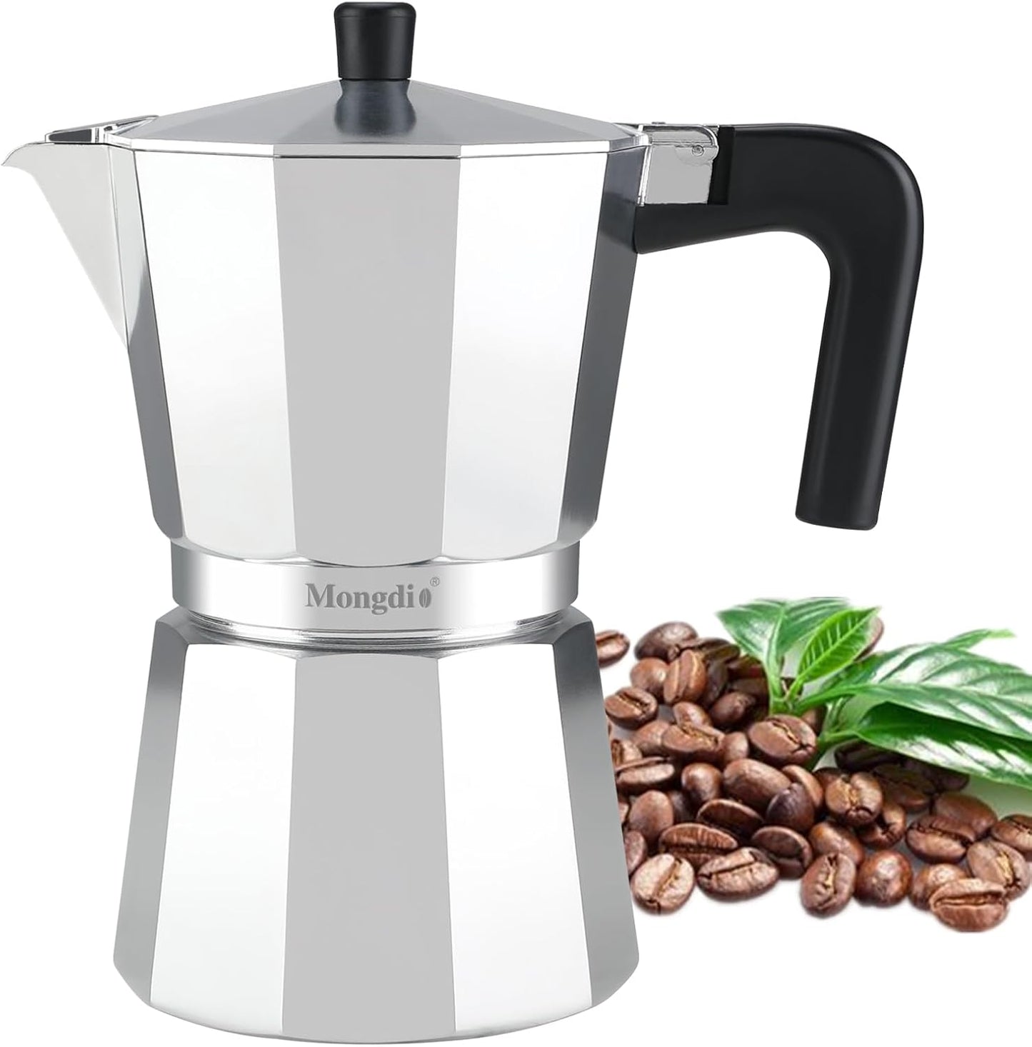 Mongdio Stovetop Espresso Maker Moka Pot, Stove Top Cuban Coffee Maker, Italian Greca Mocha Pot, 6 Espresso Cups, 10 oz - Silver