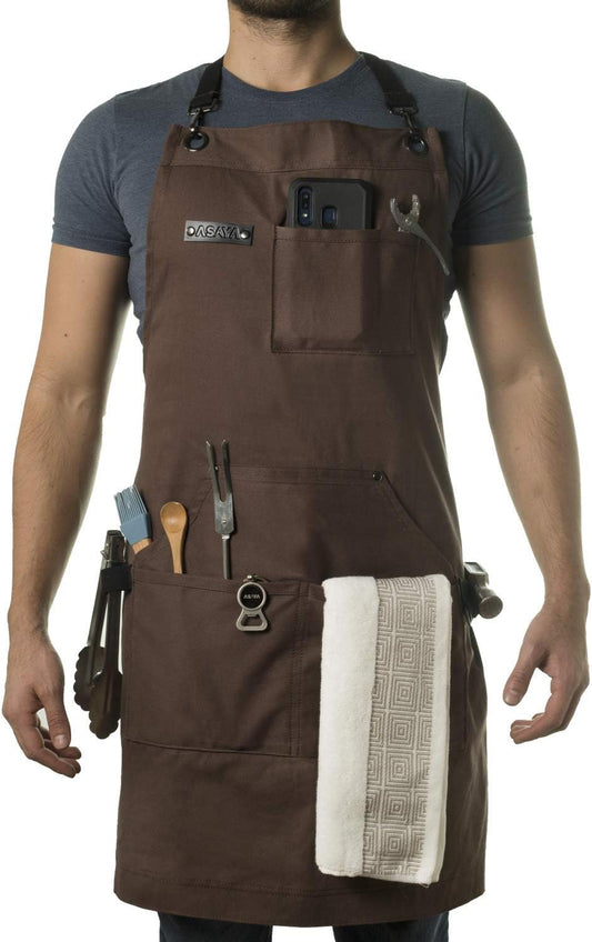 Asaya Chef and BBQ Apron with Bottle Opener and Hand Towel - 10oz Cotton Canvas, Stainless Steel Hardware - Cross Back Straps