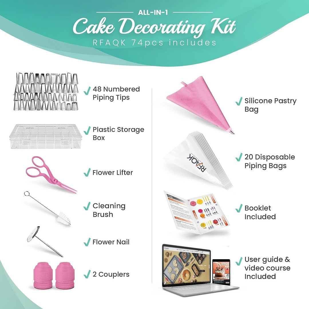 RFAQK 74 PCs Icing Piping Bags and Tips Set, Cake Decorating Kit with 48-Numbered Piping Tips, 20+1 Pastry Bags for Cookie Cupcake Cake Decoration, Cake Decorating Tips Set with Booklet and E-book