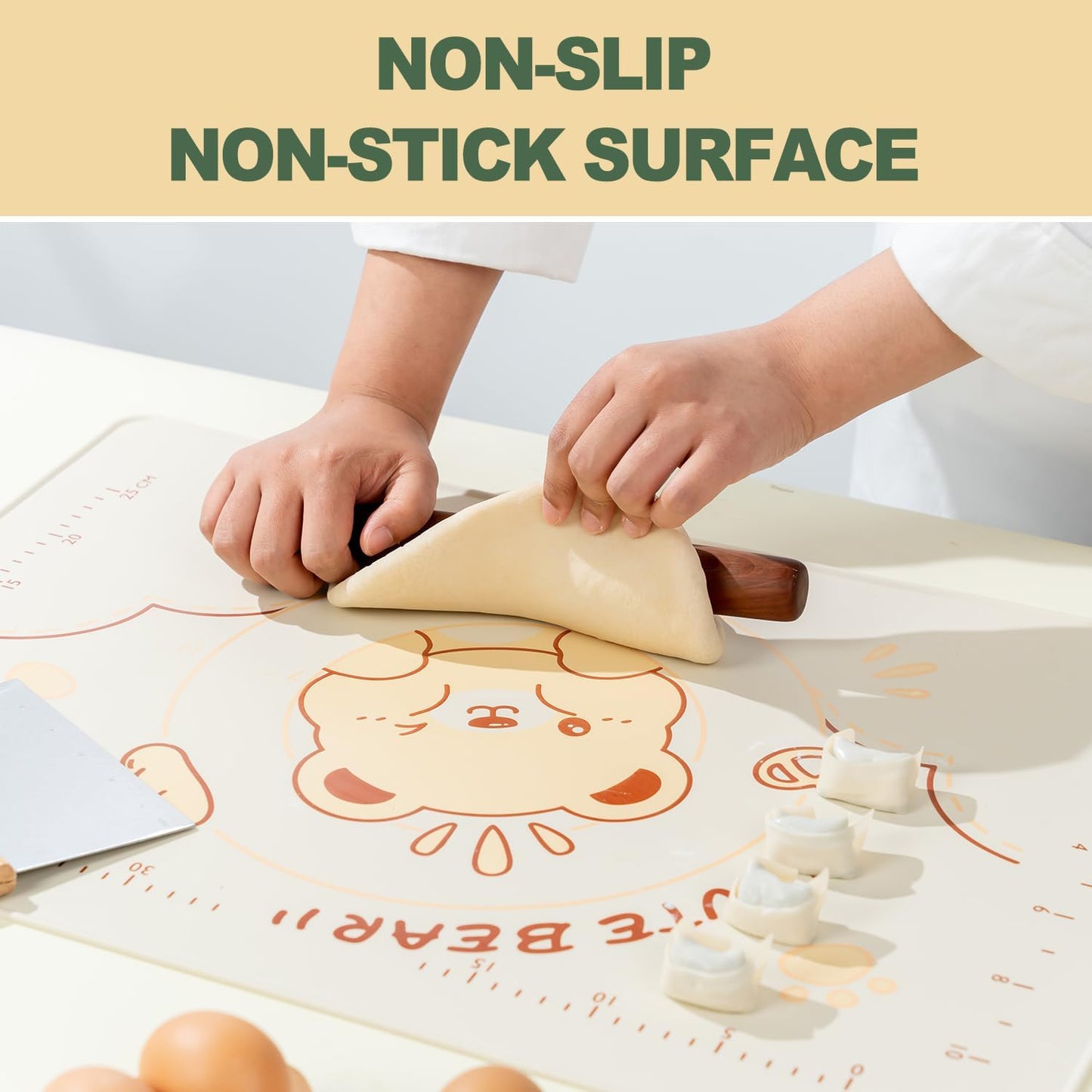 QELEG Non-Stick Silicone Baking Mat, 28'' X 20" Non Slip Pastry Mats Reusable Silicone Rolling Out Dough Mat with Measuremen and Edge Heightening Beige