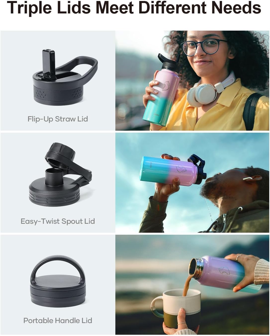 BUZIO 32 oz Water Bottle Insulated with Straw & 3 lid and Carrying Pouch, Leak Proof Anti-Slip Stainless Steel Water Flask Jug, Cold for 48 Hrs Double Vacuum Thermo Canteen, Pearlescent Pink Blue