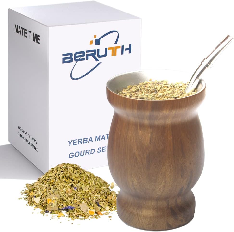 Beruth Bombilla Yerba Mate Gourd, 8oz Stainless Steel Tea Cup Set with a Multifunctional Lid, Two Straws and Cleaning Brushes, Double Walled Coffee Mug Heat Insulation Anti Scalding BR2301 (Brown)
