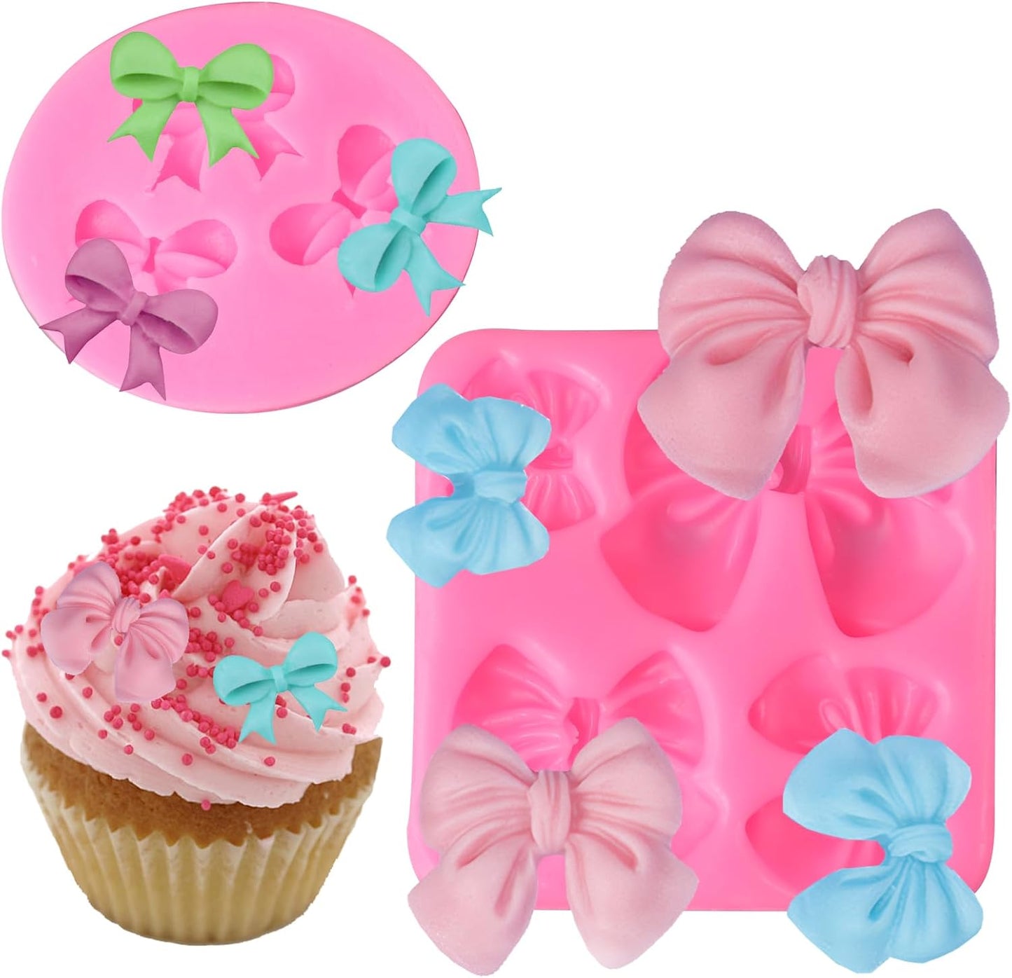 Bow Molds for Chocolate 4 PCS,Bow Chocolate Molds Silicone DIY Baking Supplies,for Chocolate, Fondant, Ice Cubes, and More(Square+round, Pink, 2.7in)