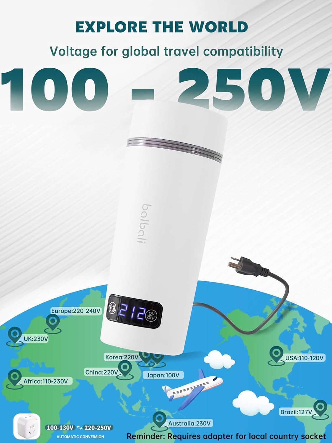 balbali Dual Voltage Travel Kettle 100-250V - 12oz Portable Water Boiler/Warmer/Heater for Boiling Water - 4 Preset Temperature Control Portable Tea Kettle Electric Travel - White