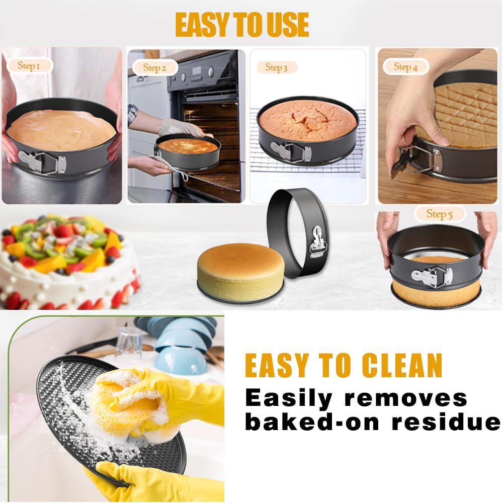 Springform Cake Pan Set of 3 (7, 8, 9 Inch) Heart Round Square Baking Pans Nonstick Cheesecake Pans with Removable Bottom Stainless Steel Bakeware for Cake, Mousse