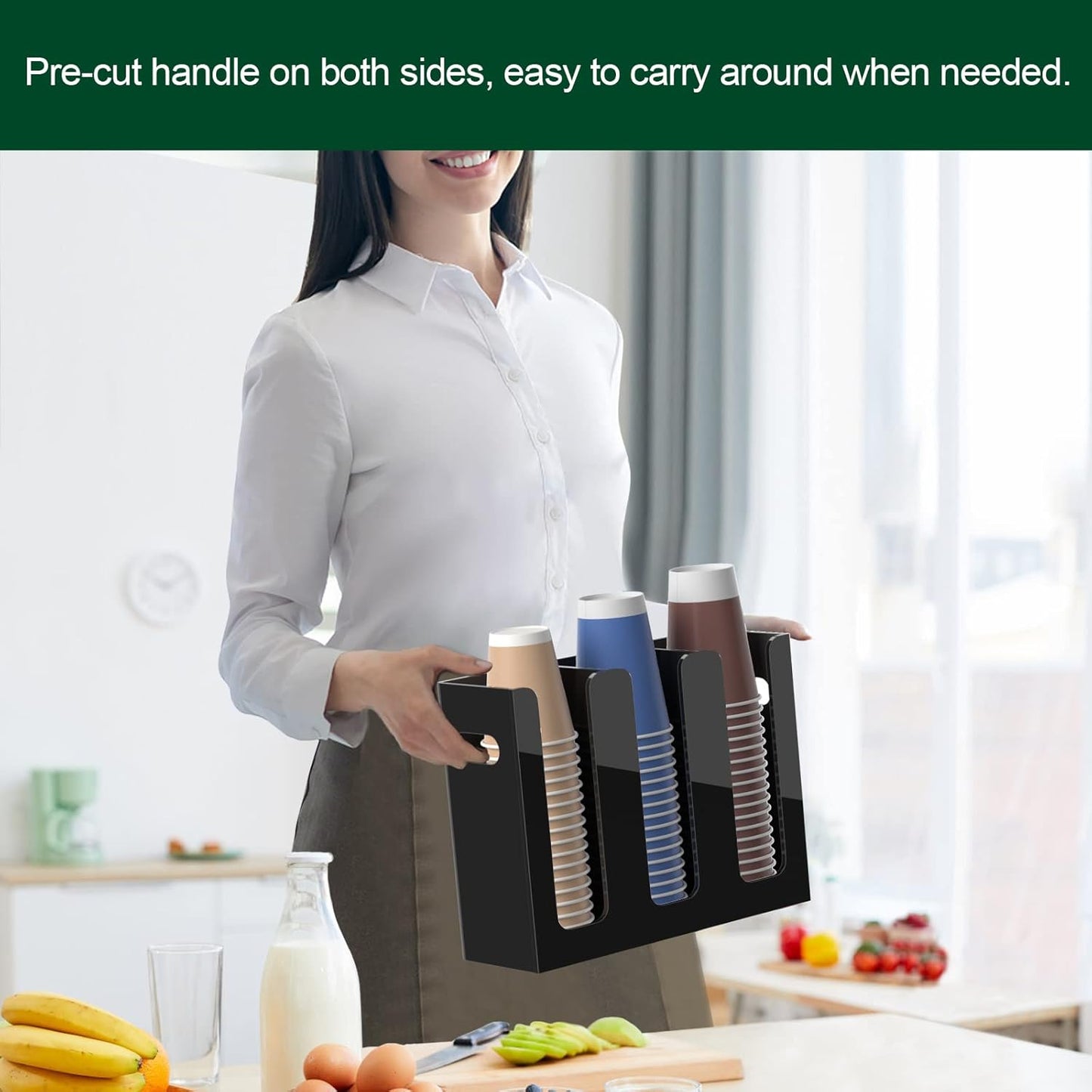 Disposable Coffee Cup Dispenser with Handles, Countertop or Wall Mount Hot/Cold Drink Cup and Lid Holder - Bathroom/Kitchen/Office Acrylic Cup Lid Storage Organizer (3 Compartments, Black)