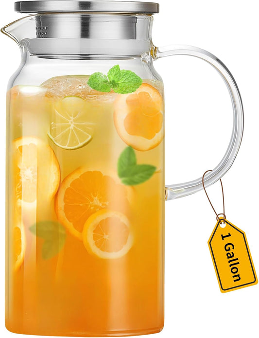 1 Gallon Glass Pitcher with Lid and Spout, Water Jug, 4000ML Carafe for Hot/Cold Water, Large Iced Tea Pitcher for Coffee, Juice and Homemade Beverage