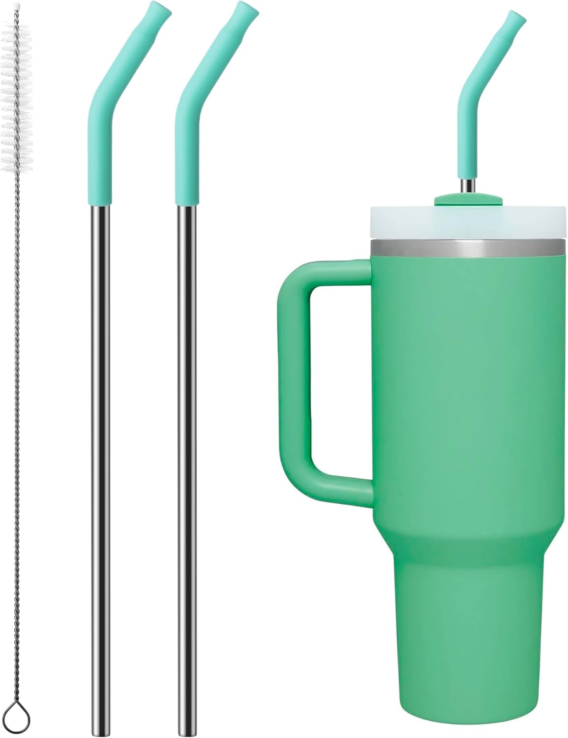 2 Pcs Stainless Steel Straws for 40 oz Stanley Tumbler, Replacement 40 oz Stanley Cup Straw Accessories with Silicone Tips and Cleaning Brush (Teal)