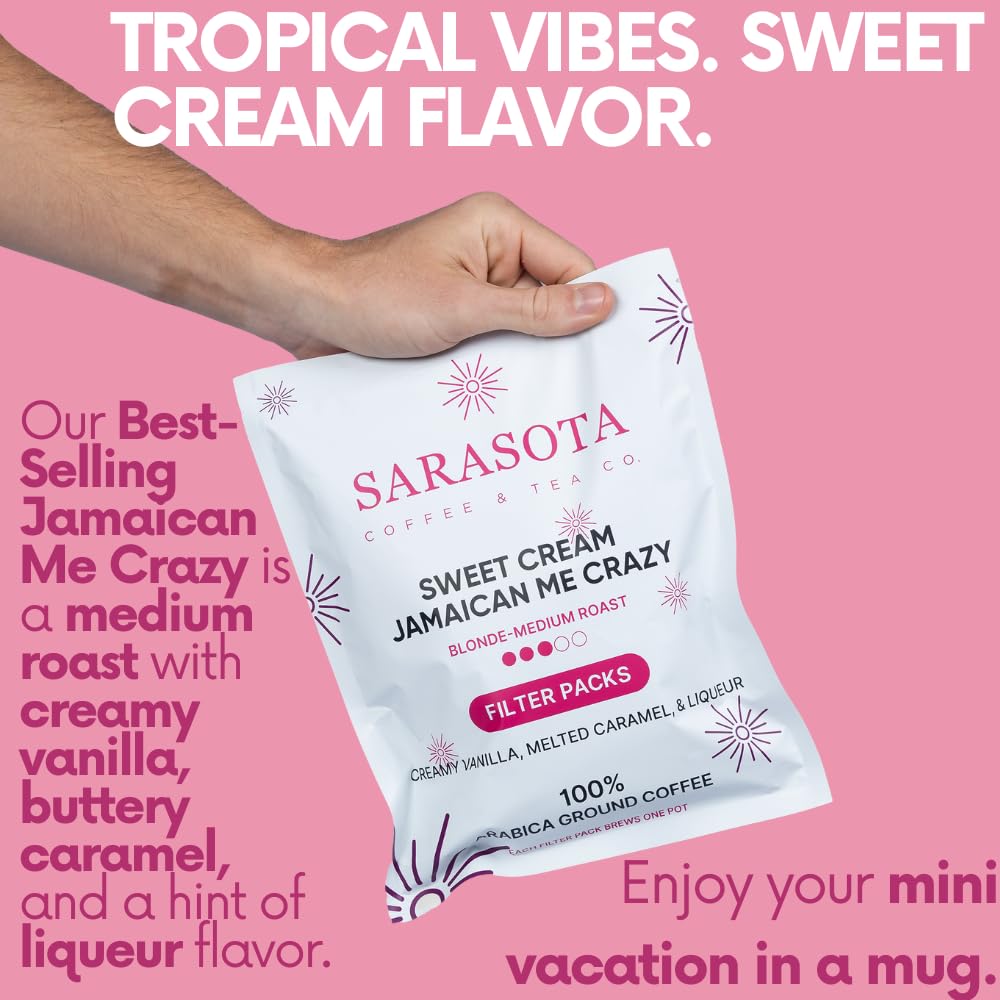 Ground Flavored Coffee In Filter Packs | Sweet Cream Jamaican Me Crazy | Medium Roast Low Acid Mold Free Pouches | Highest Rated Gourmet Bulk Individual Premeasured Packets for 10-12 Cup Drip Maker