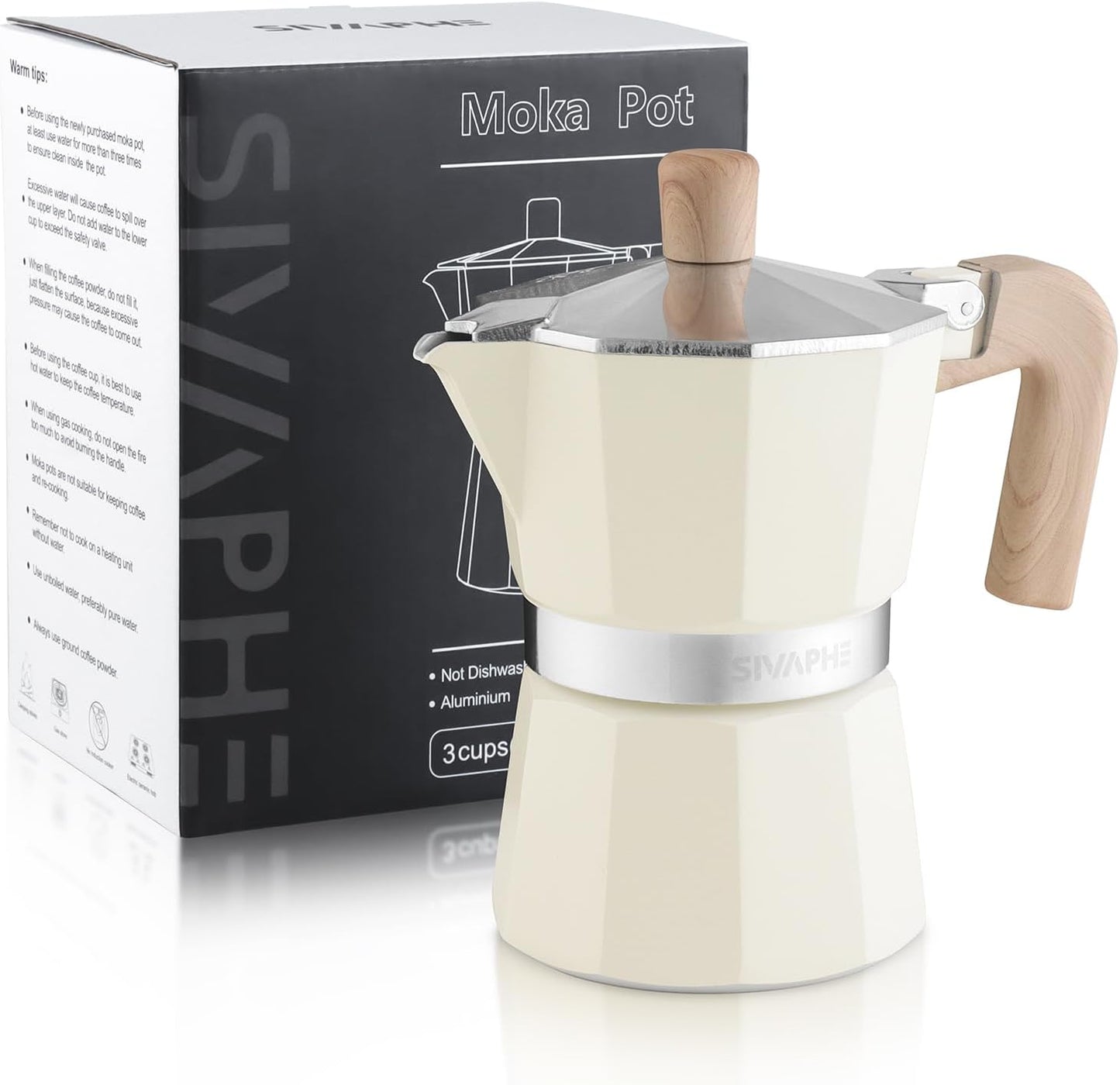 Sivaphe Aluminum Moka Pot 3 Espresso Cups, Percolator Espresso and Coffee Maker, Portable Stovetop Italian and Cuban Café Brewer for Home and Camping White