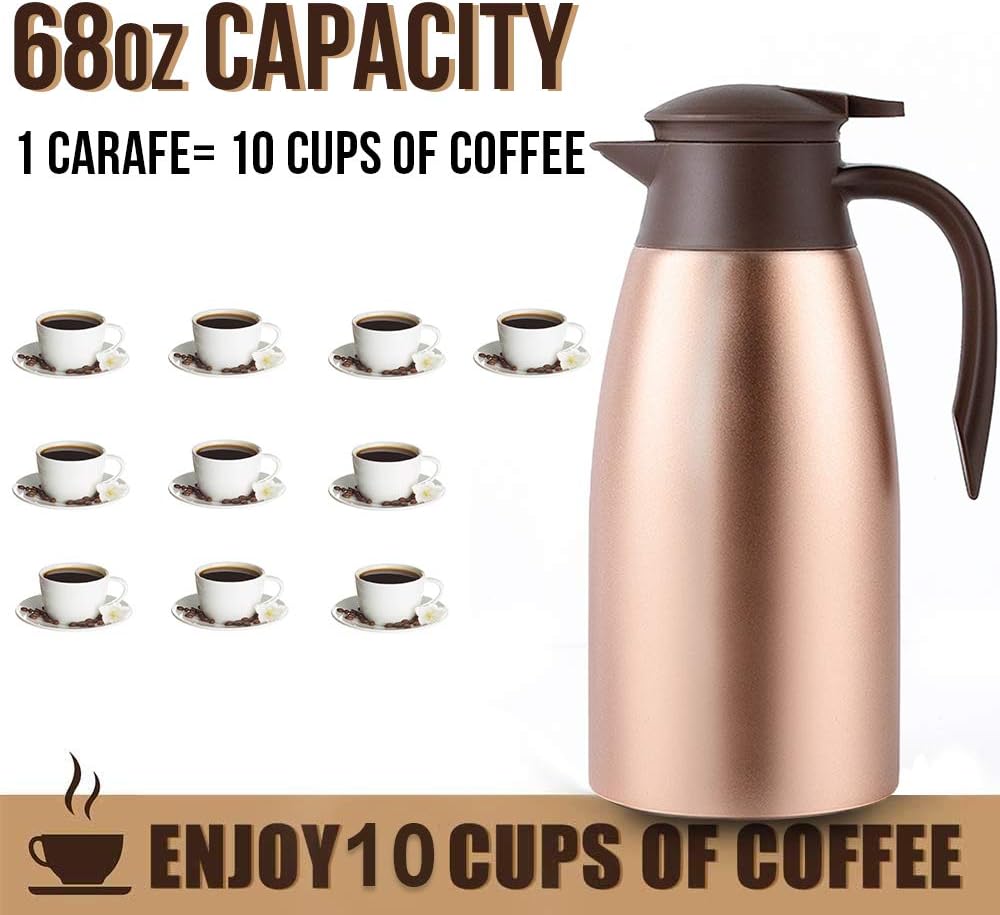 68oz Thermal Coffee Carafe, Stainless Steel Coffee Carafes for Keeping Hot, Airpot Insulated Tea Pot Dispenser for Hot Water, Tea, Hot Beverage - Keep 12 Hours Hot, 24 Hours Cold, Cold