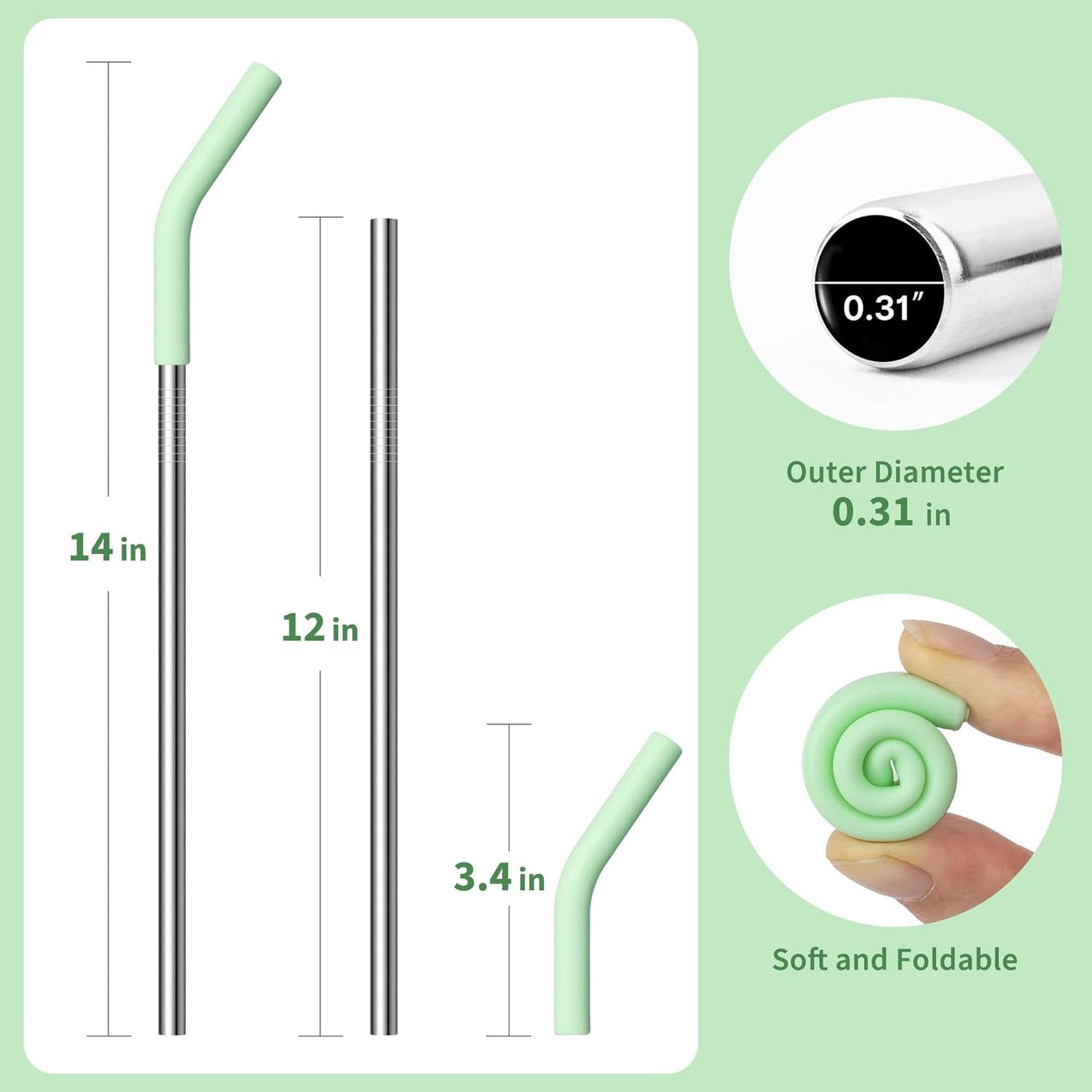 Metal Straw for Stanley Quencher Cup, Simple Modern, Meoky 40 oz Tumbler, 5 PCS Straight Reusable Stainless Steel Straws with Silicone Tips, Cleaning Brushes