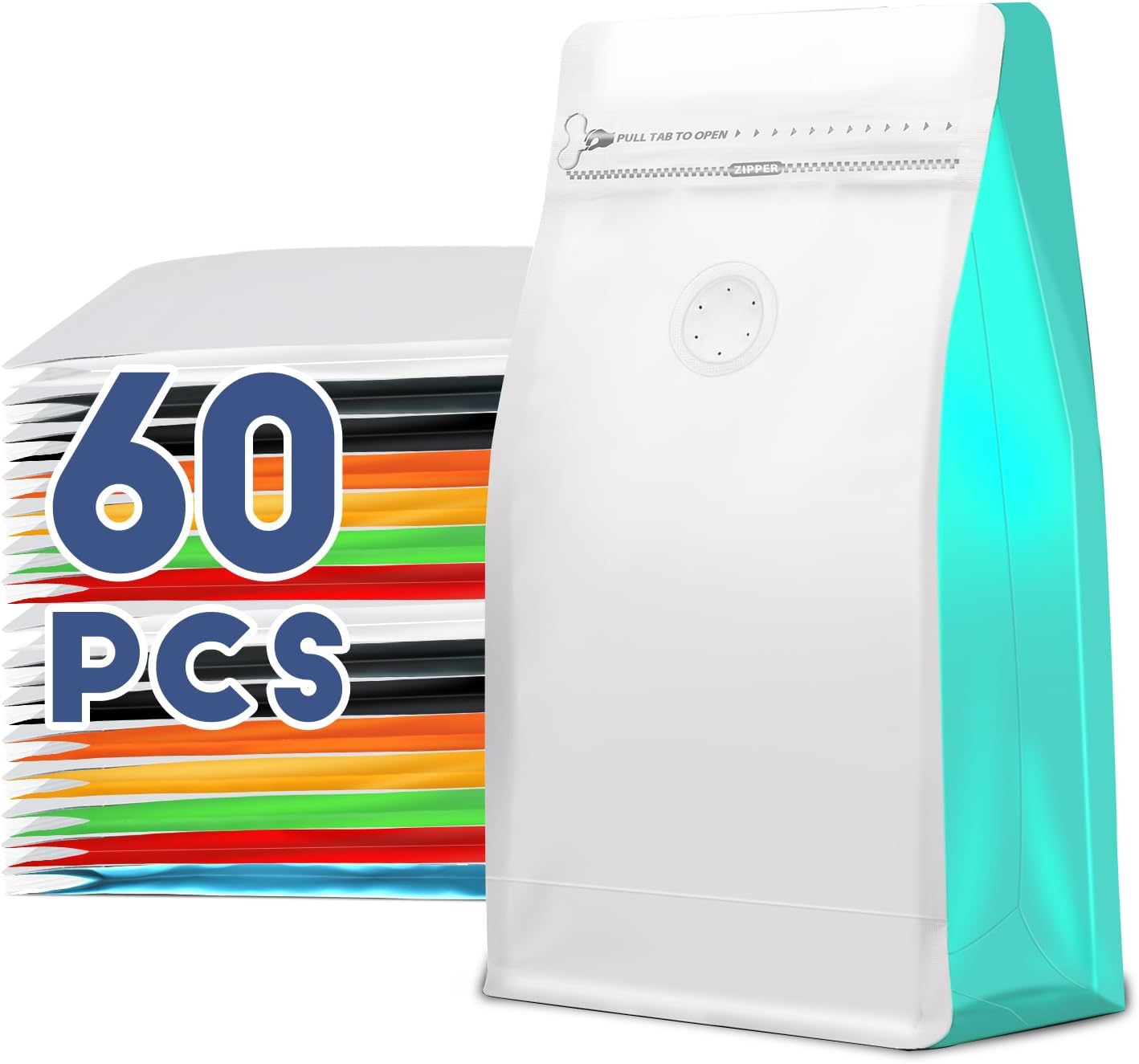 Coffee Bags with Valve(60pcs,8 oz,1/2 lb) Vented Coffee Beans Packaging Bags High Barrier Aluminumed Foil Flat Bottom Heat Sealed Side Zipper Resealable Storage Bag for Home or Business（White+Blue）