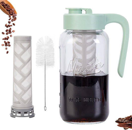 Cold Brew Coffee Maker Glass, Airtight & Leakproof Mason Jar Pitcher with Cold Brew Filter, 64 oz Glass Pitcher with Lid for Iced Coffee, Lemonade, Ice Tea