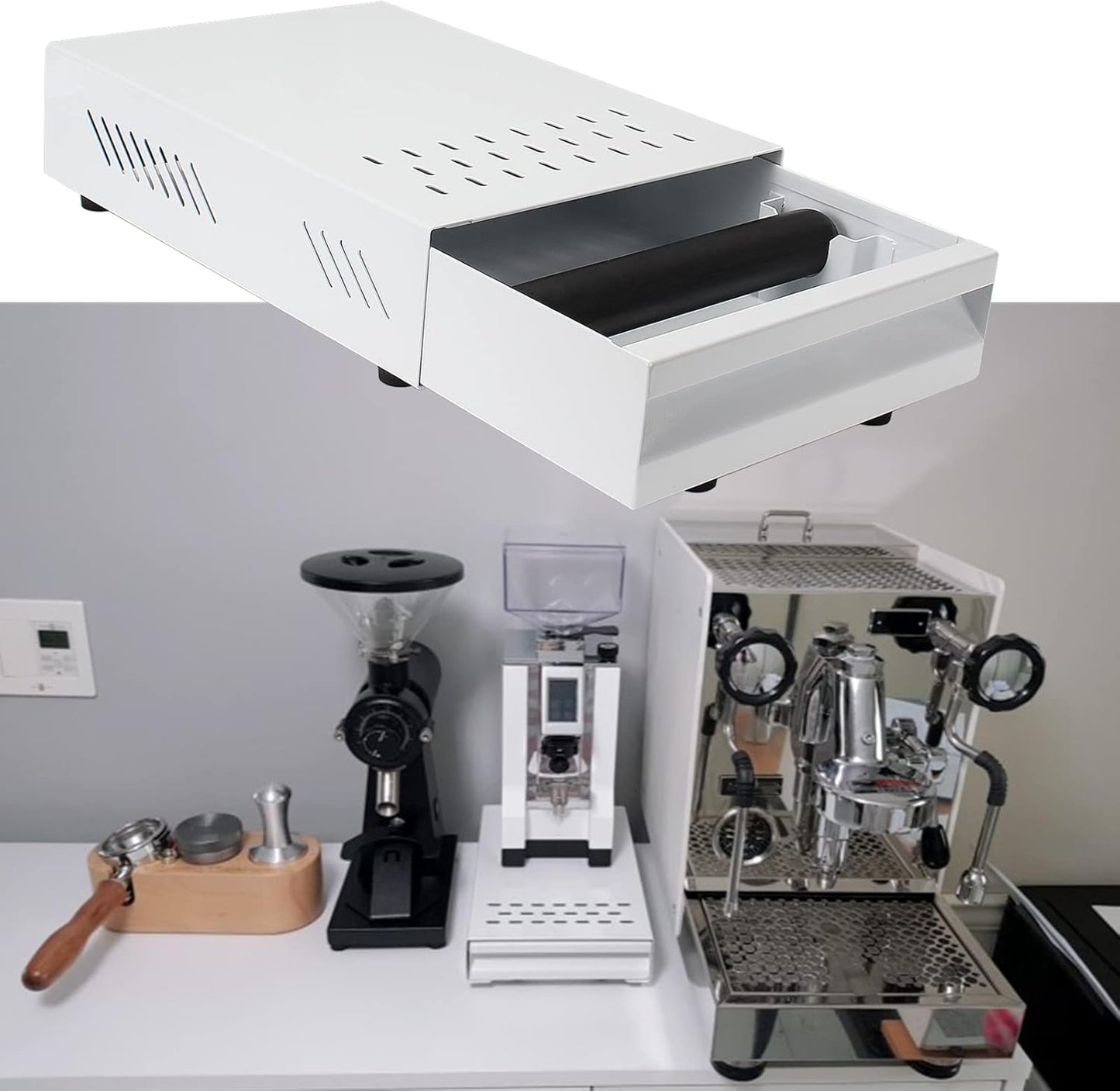 Espresso Knock Box Drawer, Stainless Steel High Bearing Capacity Coffee Knockbox For Home and Commercial Use, Middle Size 13.77 x 9.84 x 3.54 inch (White)