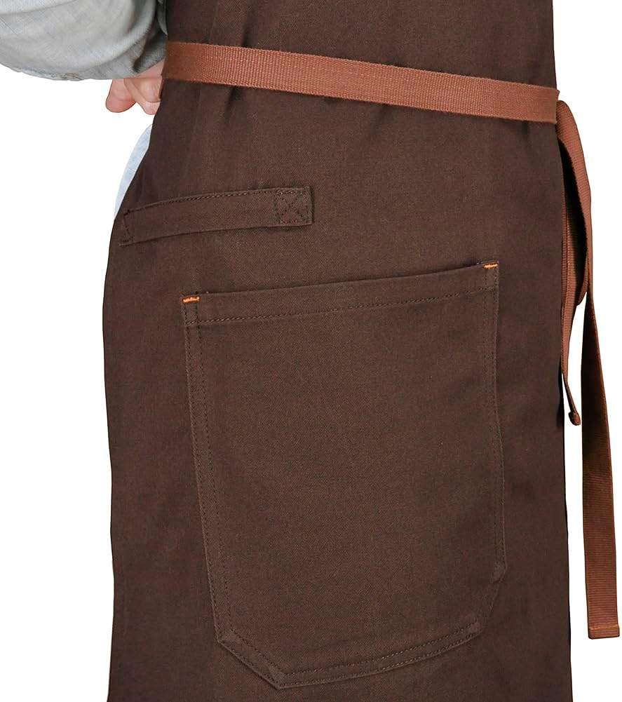 Chef Bib Apron with Pockets Professional Kitchen Cooking Grill BBQ Apron for Men Women, with Pockets Towel Loop and Adjustable Neck Strap (Brown)