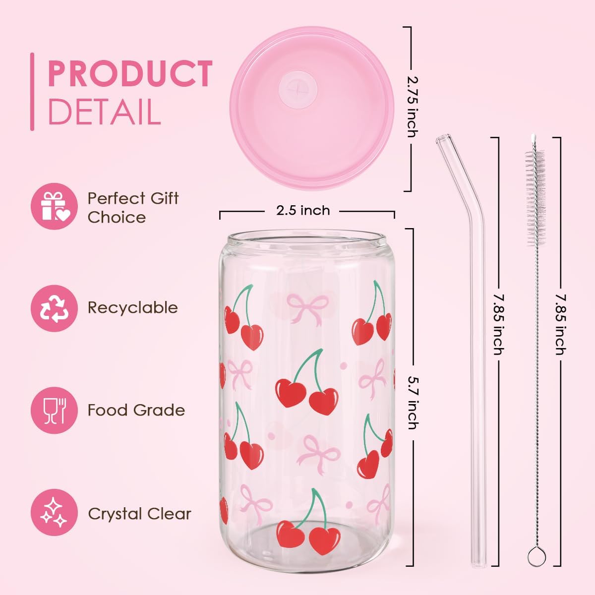 Cherry 16 Oz Can Glass Tumbler with Acrylic Lid and Straw - Iced Coffee Cups for Women, Aesthetic Glass Cup Gift for Birthday Christmas