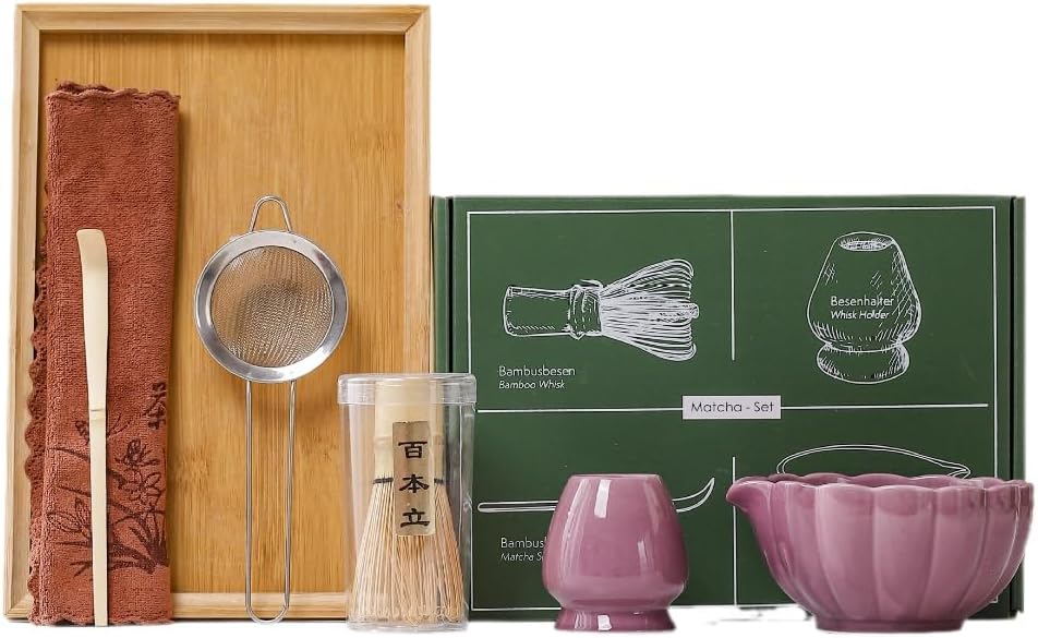 6-Piece Matcha Whisk Set, Japanese Bamboo Chasen, Scoop & Sifter, Traditional Ceremonial Kit with Ceramic Bowl, Whisk Holder Stand, Chakin Cloth (Misty purple)