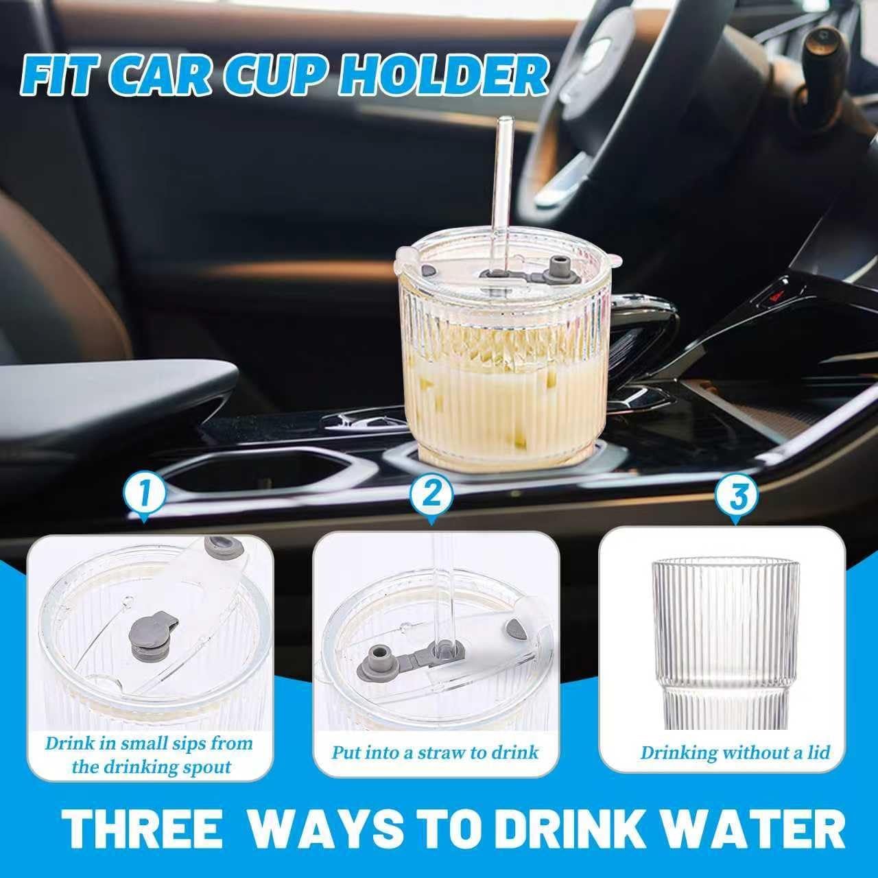 20 oz Glass Tumbler with Lid and Straw, 2 Pack Clear Ribbed Iced Coffee Cup, High Borosilicate Glass Tumbler, Reusable Vintage Glassware for Iced Coffee, Smoothies, Cocktails, and Juices