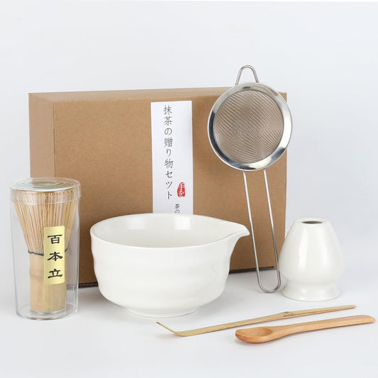 Matcha Whisk Set, 6 Pcs Matcha Set with Bamboo Matcha Scoop and Stainless Steel Sifter/Pouring Spout Ceramic Bowl/Matcha spoon/Matcha Whisk Holder, -19 oz Japanese Tea Ceremony Kit for Gifts (White)