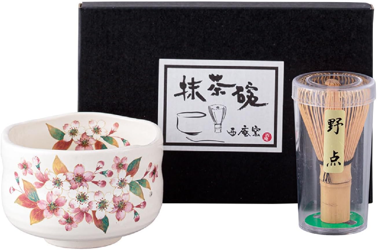 Japanese Traditional Mino Ware Handcrafted Mini Matcha Chawan Tea Bowl Cup Set With Chasen Bamboo Tea Whisk Ceremony Tableware Pottery (Kohiki Sakura)