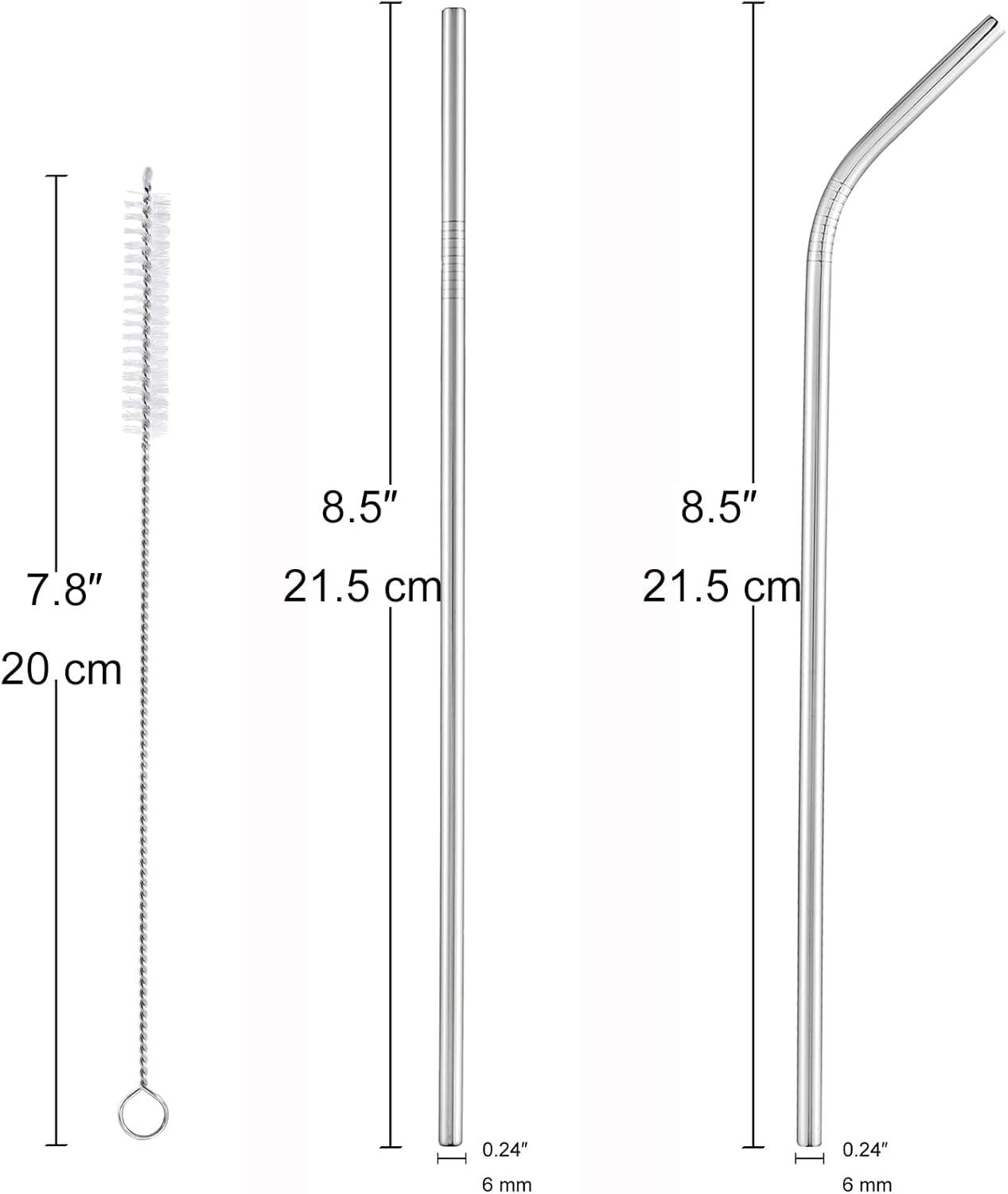 dcieiosul Set of 6 Reusable Metal Straws, 8.5'' Long Stainless Steel Straw with Cleaning Brushes and Case, Drinking for 20 oz Tumblers.