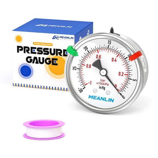 MEANLIN MEASURE -30inHG~0Psi Vacuum Pressure Gauge 316 Stainless Steel Joint 1/4" NPT 2.5" FACE DIAL, Stainless Steel Liquid Filled Pressure Gauge WOG Water Oil Air Back Mount, 2PCS Snaps