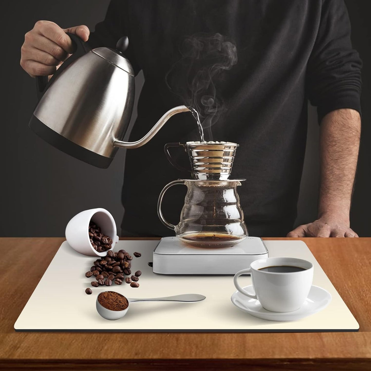 ZLR Coffee Mat - 12" x 16" Small Kitchen Hide Stain Absorbent Dish Drying Mat for Countertop - Easy to Clean Coffee Bar Mat for Espresso Machine and Spill Protection - Creamy