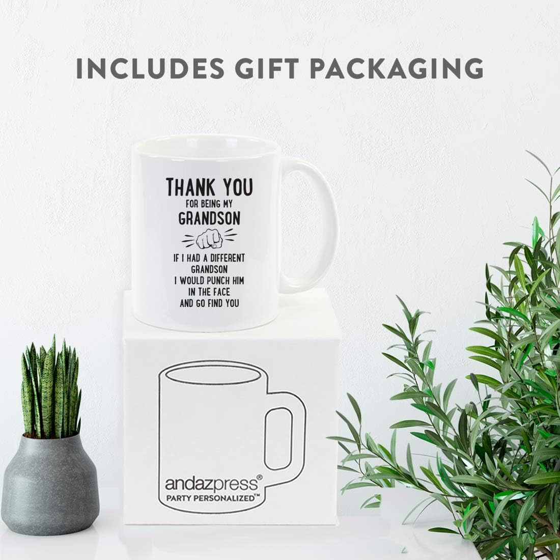 Andaz Press Funny Family 11oz. Coffee Mug Gift, Thank You for Being My Grandson, Punch in Face, 1-Pack, Christmas Birthday Drinking Cup Present Ideas